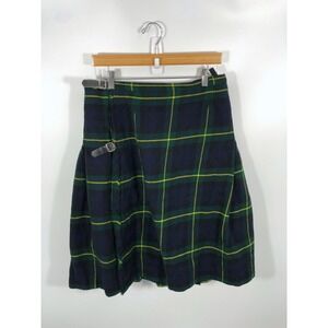 VTG Kinloch Anderson Tartan Kilted Skirt Pleated 100% Wool 18 Green Plaid Buckle